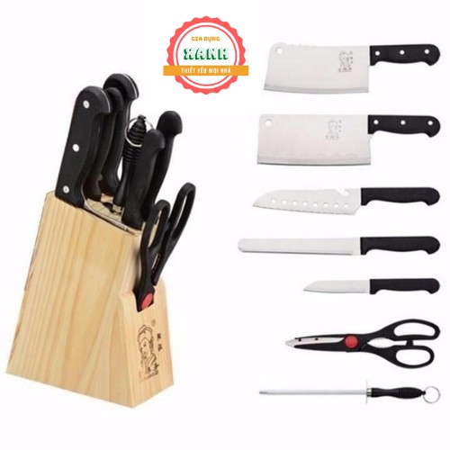 Bộ Dao Làm Bếp 8 Món Đúc Liền Khối Cán Thép,kèm Giá Đựng Bằng Gỗ Ép Đẹp Và Sang Trọng