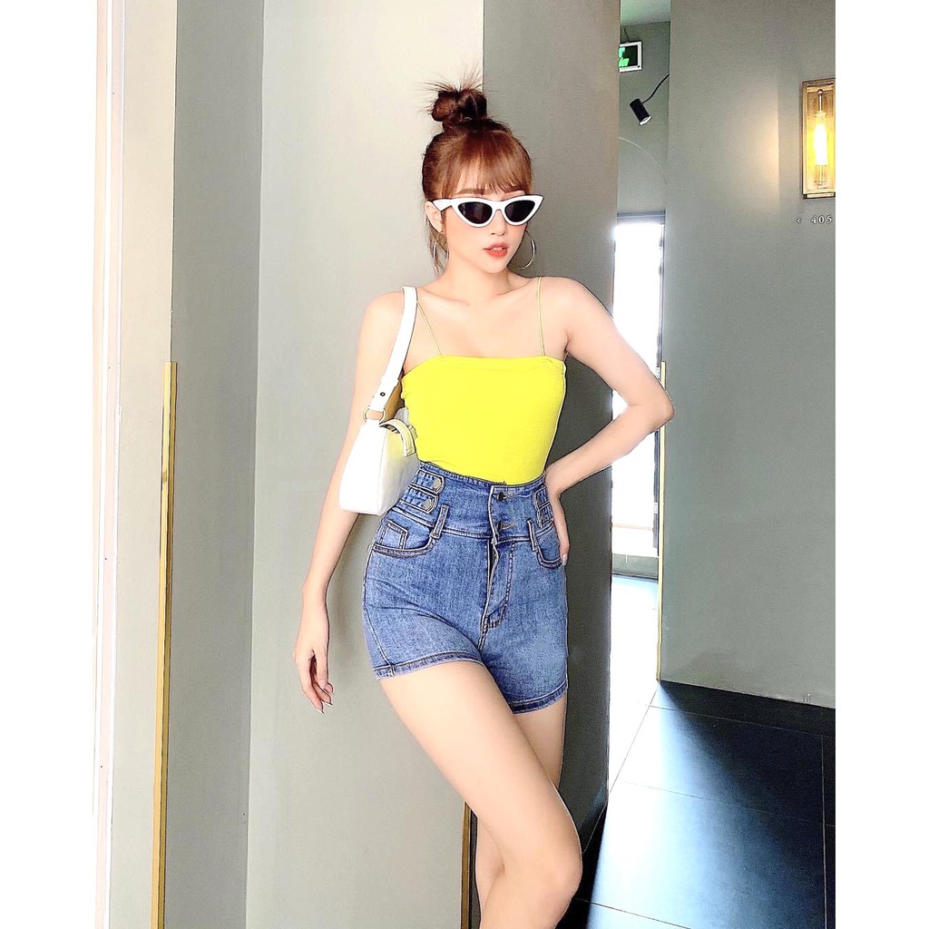Quần đùi jean nữ Big Size lưng cao, co dãn mạnh, lưng đai kiểu 6 nút đang hot trend 3613 moli