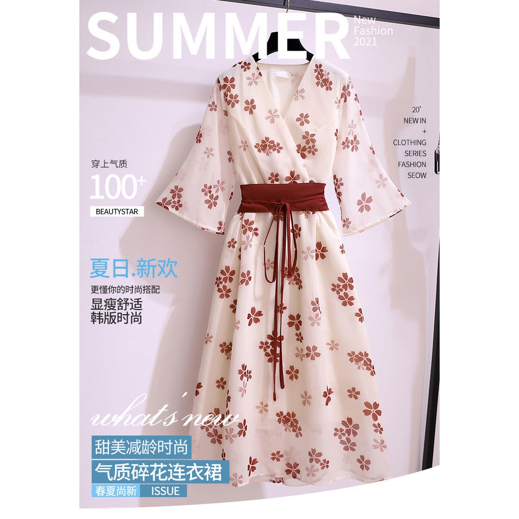 Đầm Voan Hoa Nữ Mùa Hè2021Hanfu Mới Sườn Xám Phiên Bản Cải Tiến Của Màu Đỏ Cổ Điển Phổ Biến Kimono Váy