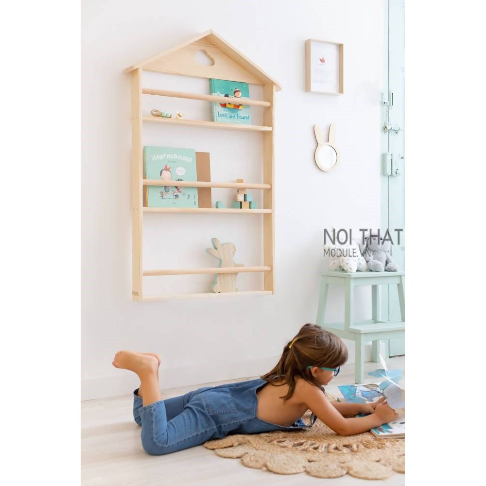Kệ sách treo tường decor cho bé, Kệ sách trang trí cho bé yêu sản phẩm làm từ gỗ thông tự nhiên