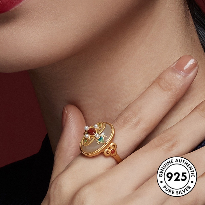 Nhẫn mạ bạc S925 đính ngọc bích phong cách retro thời trang S925