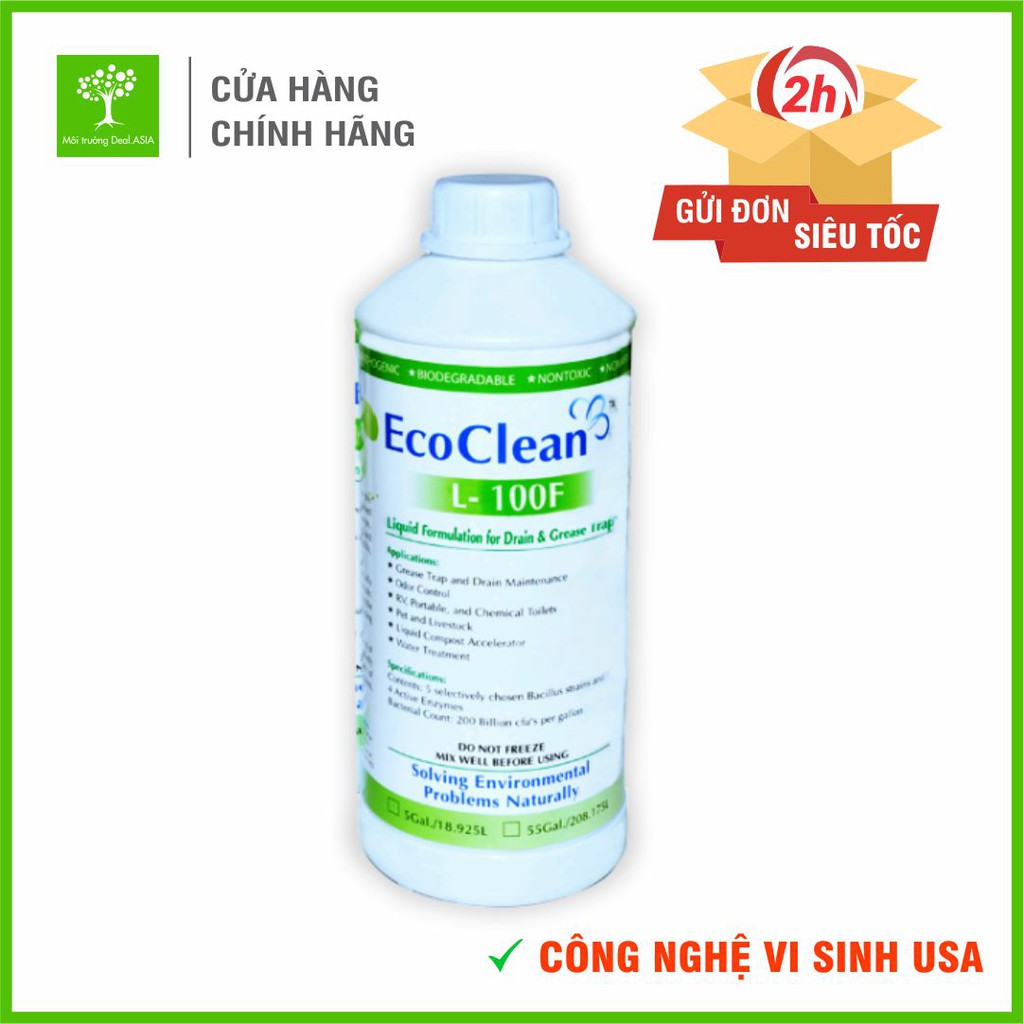 [FREESHIP 99K] EcoClean L100F - Vi Sinh Xử Lý Dầu Mỡ, Xử Lý Tắc Nghẽn Lâu Dài - Chai 1L