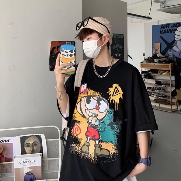 Áo thun tay lỡ nam nữ, áo phông unisex form rộng chất cotton mát mịn thấm hút mồ hôi in hình hoạt hình SIB111