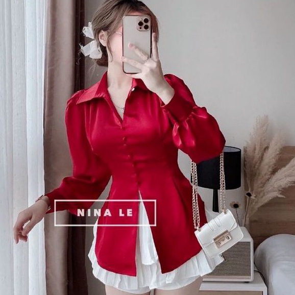 Áo sơ mi tiểu thư nút cài   (vạt áo xẻ giữa) lưng cột nơ siêu xinh  cao cấp
