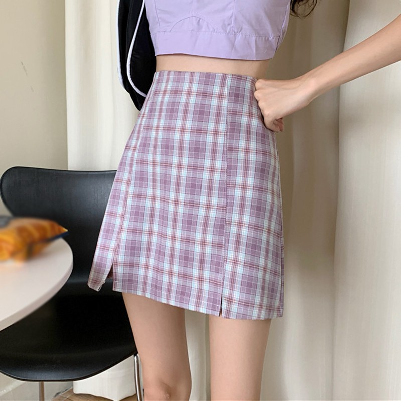 Chân Váy Eo Cao Kẻ Ca-Rô Trẻ Trung Năng Động Phong Cách Hàn Quốc