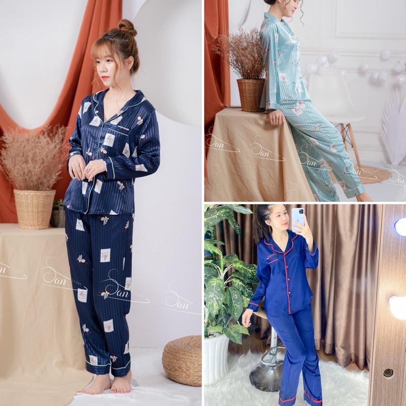 Đồ ngủ pijama nữ mặc nhà, chất liệu lụa satin cao cấp, kiểu tay dài quần dài SANMAY