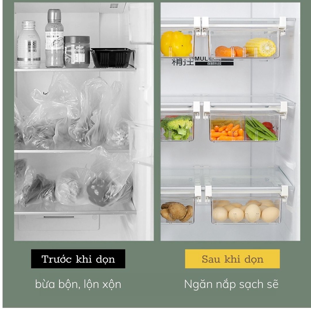 Hộp Đựng Thực Phẩm Có 4 Ngăn Chia Kèm Ray Kéo, Khay Chia Ngăn Kéo Tủ Lạnh Cao Cấp Thông Minh Trong Suốt EC Life 0808