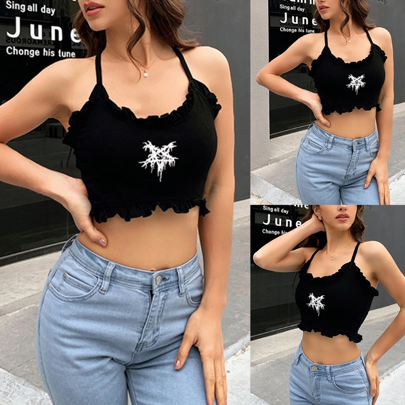 Áo croptop 2 dây không tay viền bèo xếp nếp hở lưng in hình ngôi sao năm cánh phong cách cá tính gợi cảm cho nữ