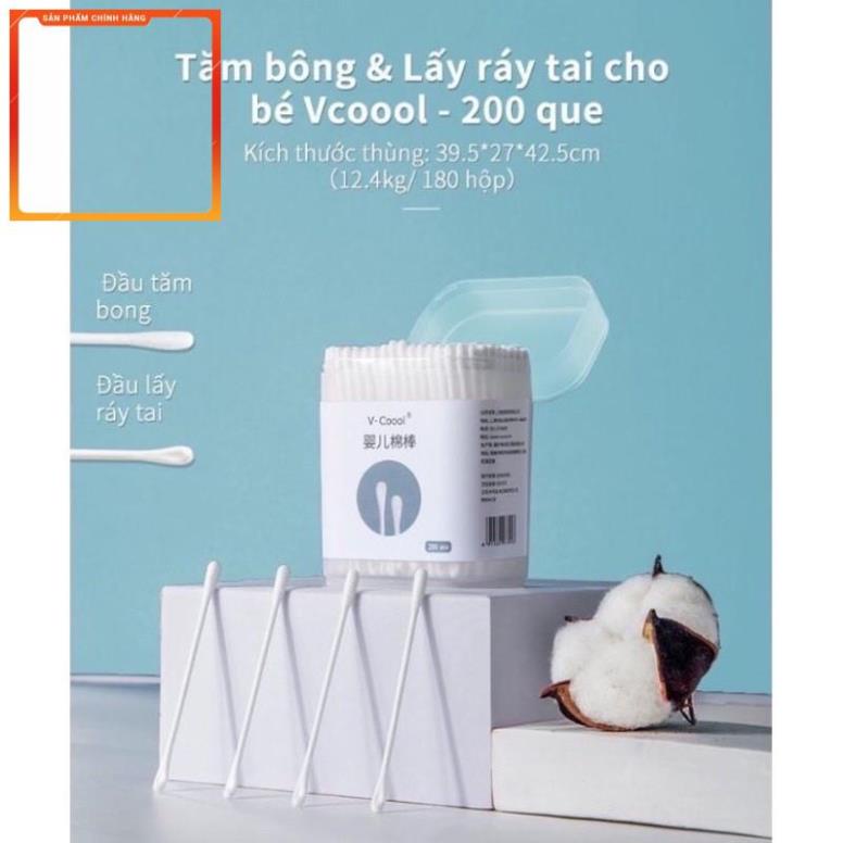 Tăm bông Vcool cho bé hộp 200 que cao cấp, hộp trắng nội địa và hộp xanh xuất Nhật.