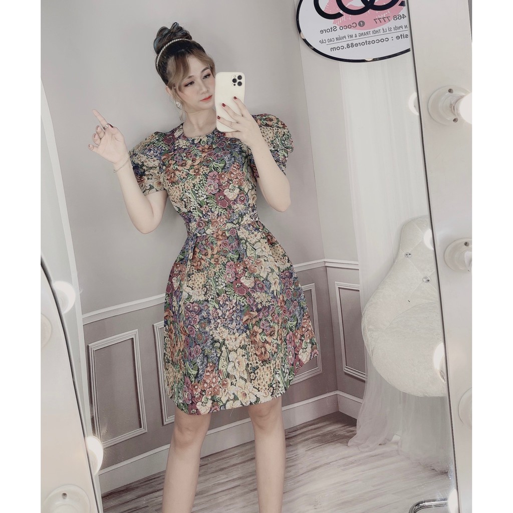 [CÓ SẴN] Váy đầm vải bố thêu hoa Thiết kế  tay phồng có dây buộc nơ lưng dáng xòe bồng thời trang ulzzang Hàn quốc CC
