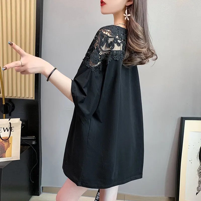 Áo Thun Ngắn Tay Cổ Tròn Phối Ren Dáng Rộng Thời Trang Mùa Hè C8685 40-150KG