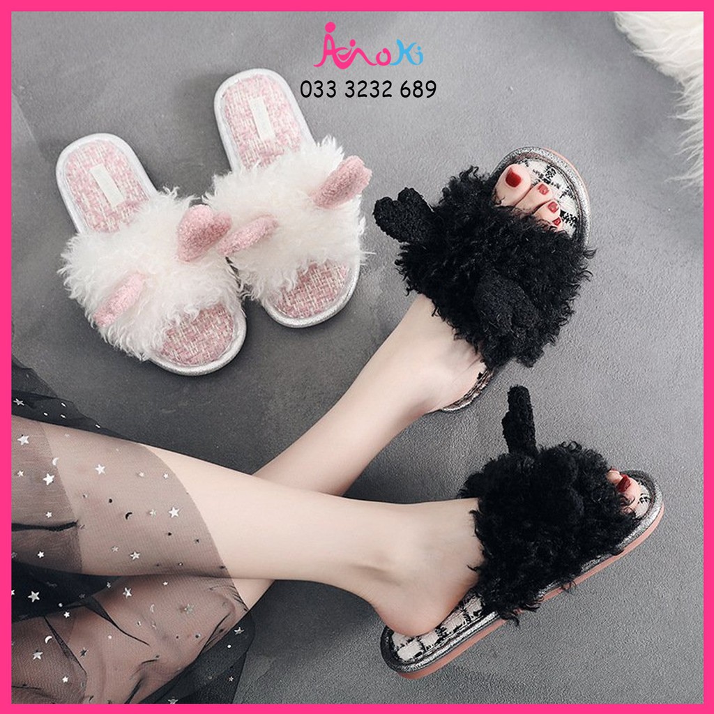 Dép Lông Cừu QUOCO BEAR xuất Hàn cao cấp, Dép bông đi trong nhà Moki Mart