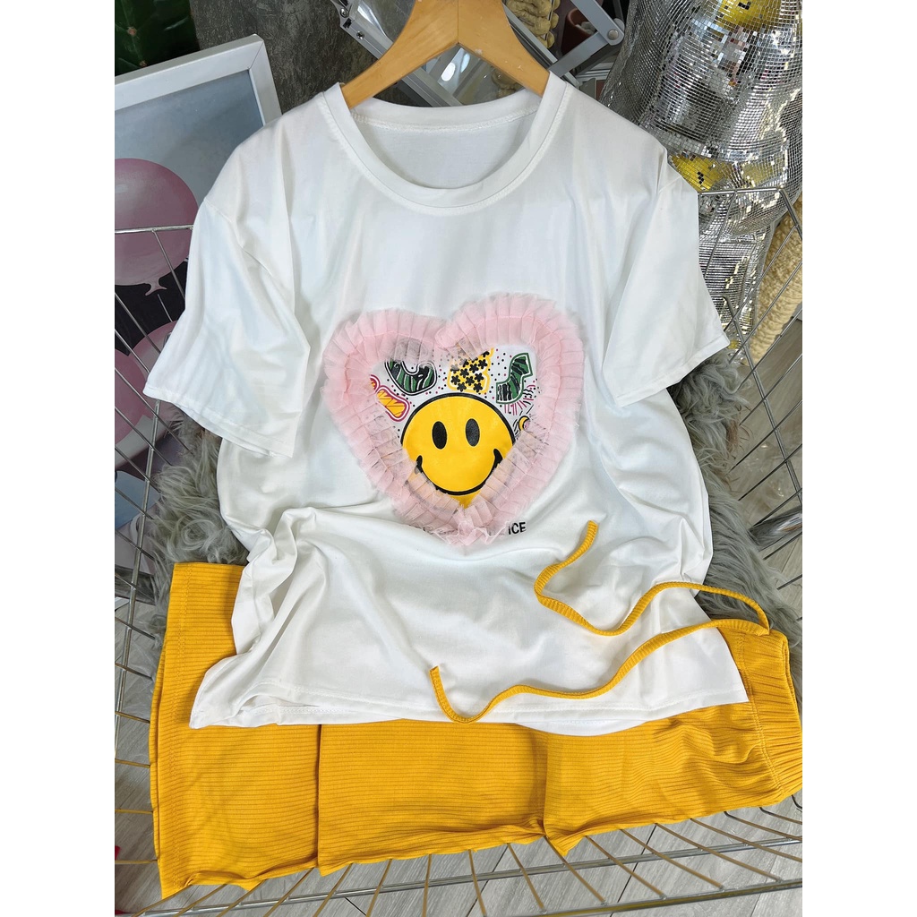 Đồ bộ nữ, set đồ bộ quần ống rộng thun gân borip và áo thun ngắn tay cotton form rộng freesize hình mặt cười phối ren