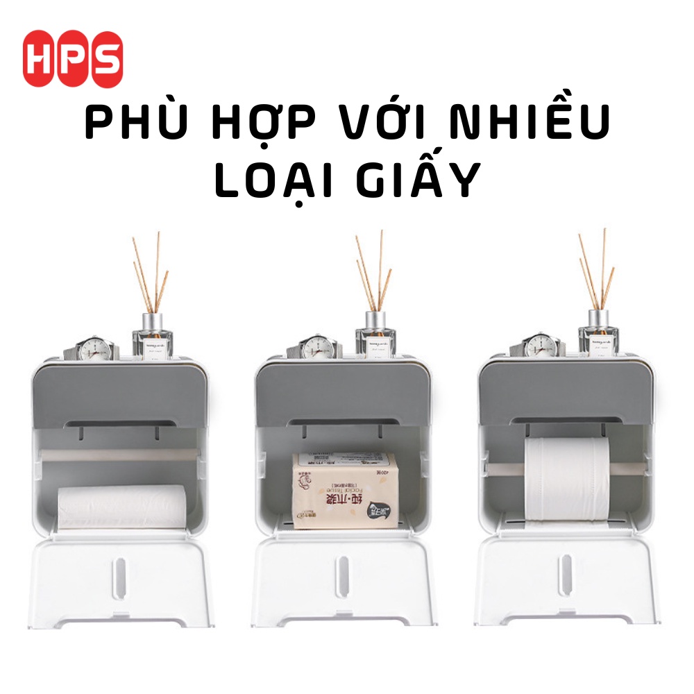 Hộp đựng giấy vệ sinh gắn tường có ngăn chứa đồ, Kệ để đồ nhà tắm 2 ngăn tiện lợi tặng kèm miếng dán siêu dính