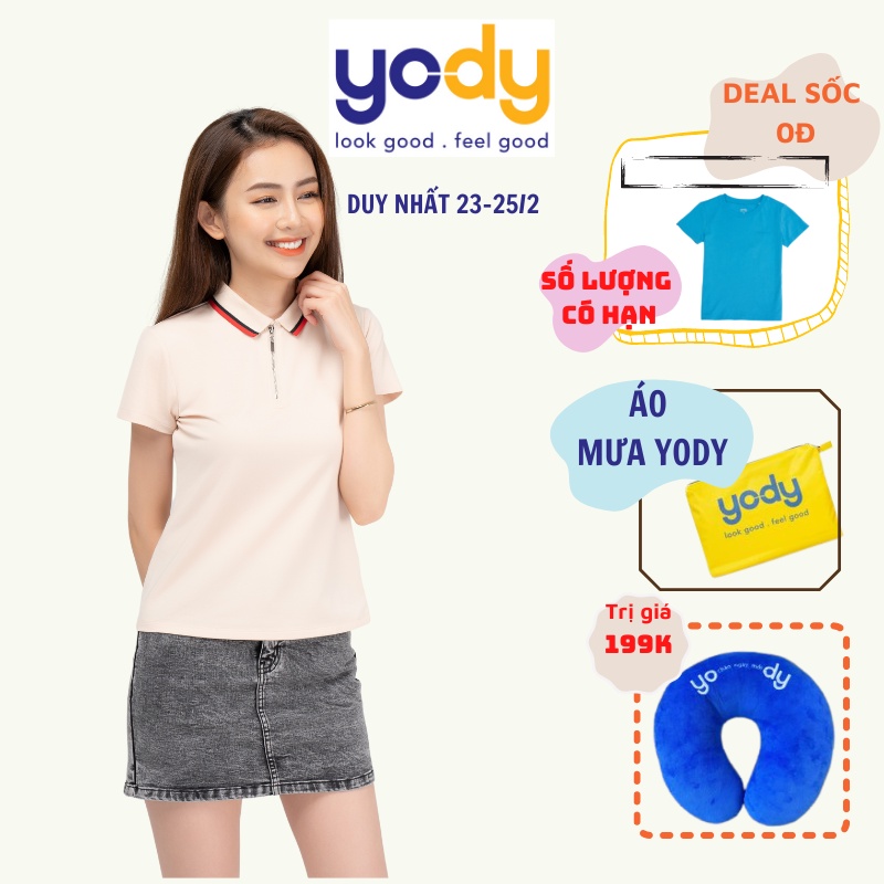 Áo Thun Polo YODY Nữ Khóa Trụ Bo Kẻ Chất Thoáng Mát Mềm Mại, Thấm Hút Mồ Hôi APN3876