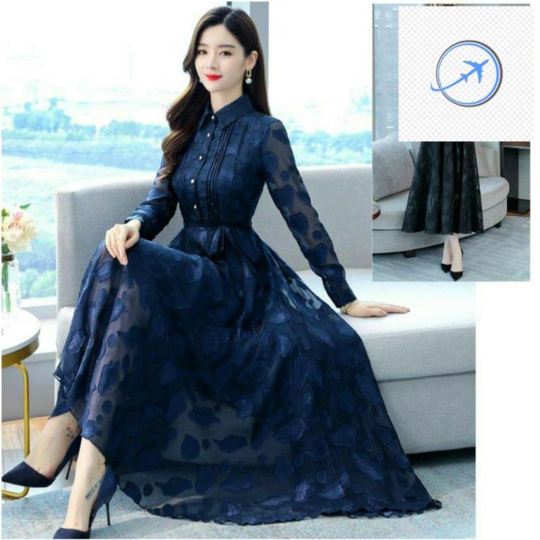 Hàng nhập - Đầm dáng xòe voan lụa dệt hoa lá, váy maxi dự tiệc cổ peter sang trọng