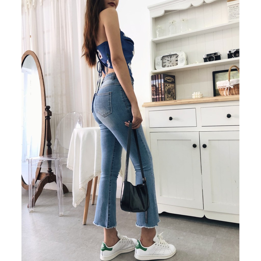 Quần jean nữ 9 tấc ống loe cạp cao Sofm Wear