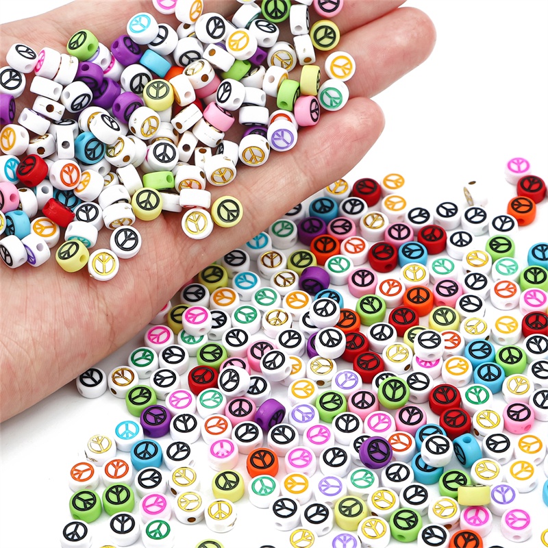 100 Hạt nhựa acrylic xỏ lỗ 7mm họa tiết Peace dùng làm trang sức/ vòng tay/ vòng cổ