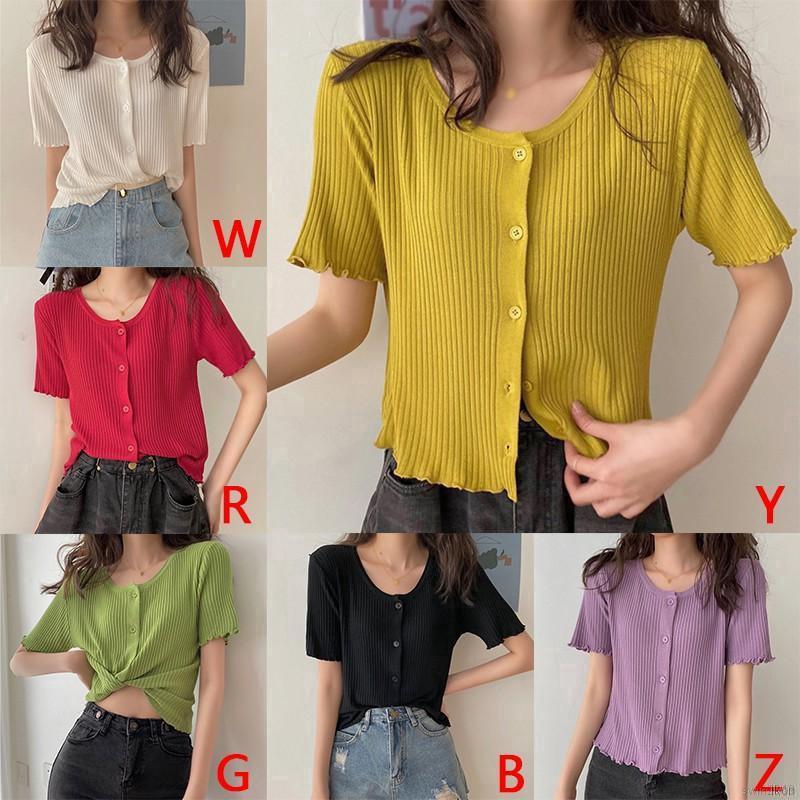 Áo Lửng Dệt Kim Tay Ngắn Cổ Tròn Phối Khuy Cài Hợp Thời Trang Cho Nữ