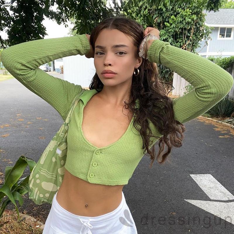 DRESSINGUP-Áo Croptop Tay Dài Màu Sắc Đơn Giản Phối Nút Thời Trang Quyến Rũ Cho Nữ