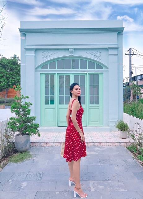 Đầm Bi 2s đỏ/cam dáng xòe nơ lung xd