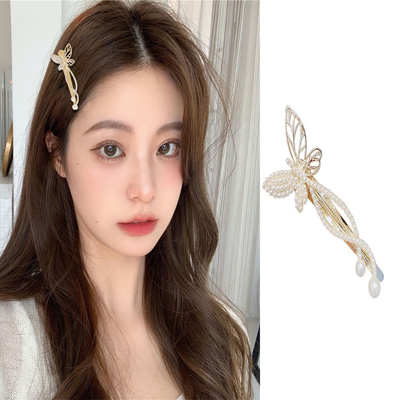 Kẹp tóc hình bướm đính ngọc trai giả phong cách Hàn Quốc thanh lịch cho nữ
