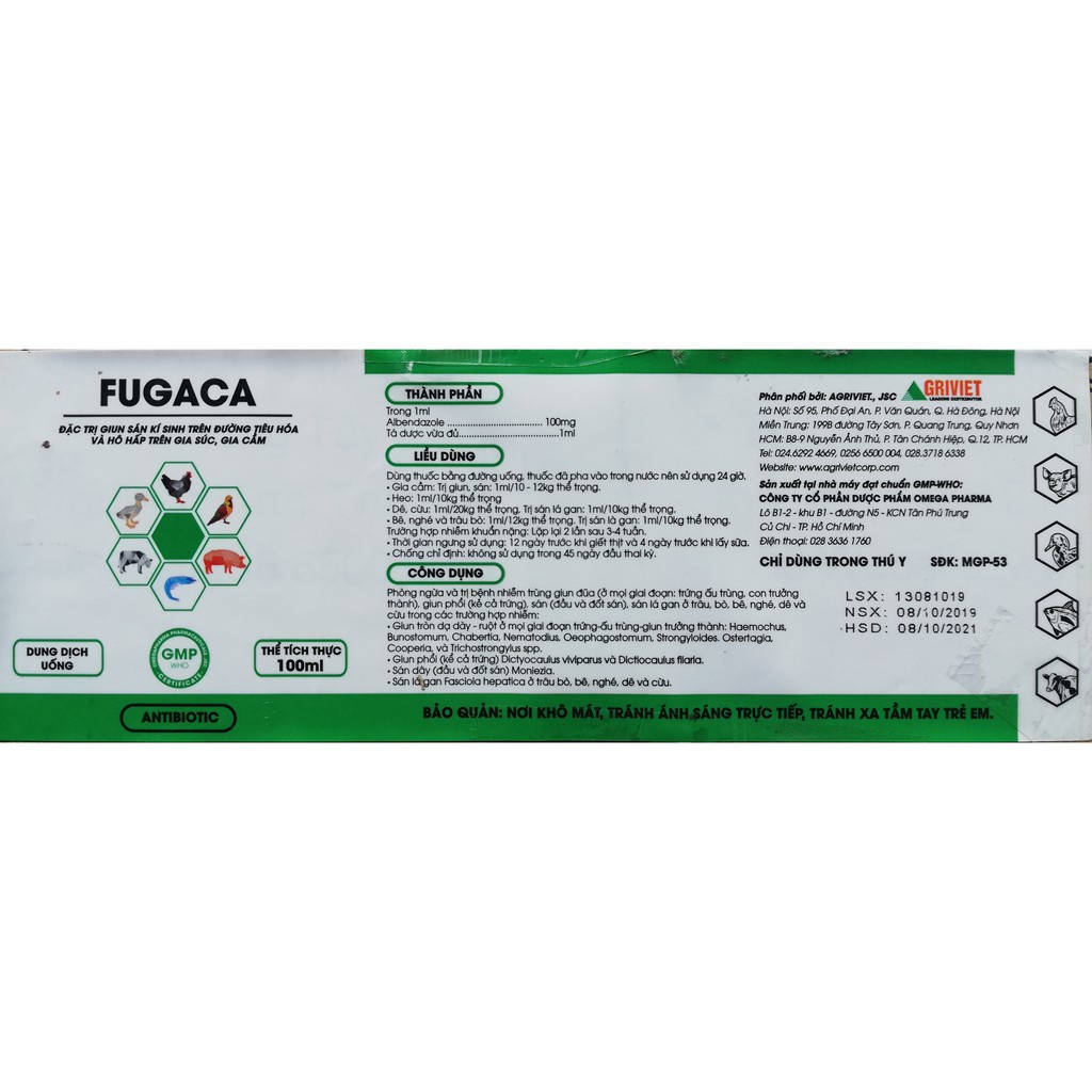 1 lọ FUGACA 100 ml Chuyên dùng cho gia súc và gia cầm, chó , mèo, thỏ, ngựa, dê mắc giun sán ký sinh trên đường tiêu hóa