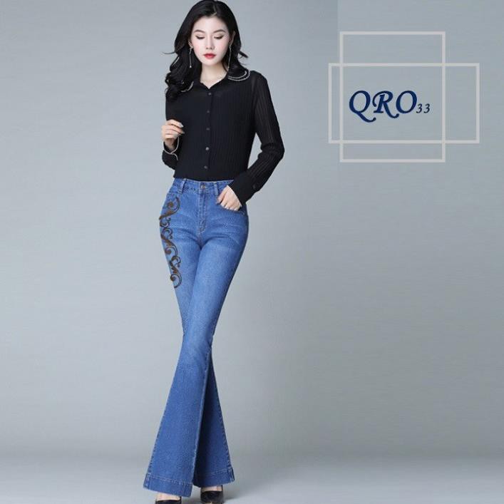 Quần jean nữ ống loe đẹp màu xanh thời trang hàng hiệu rosata qro33  ྇