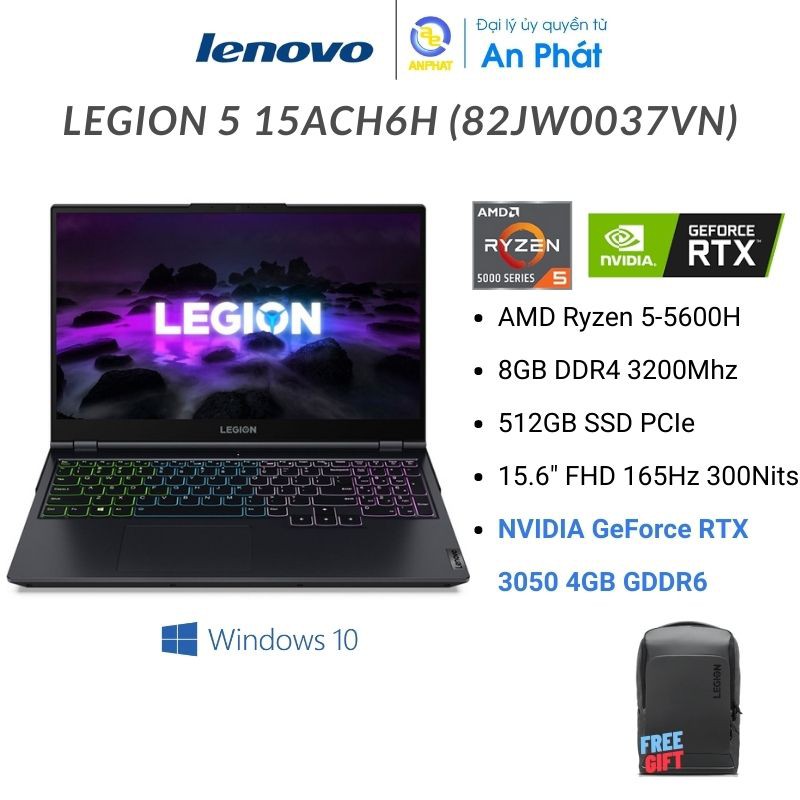 Laptop Lenovo Legion 5 15ACH6H 82JW0037VN (Ryzen 5-5600H | 8GB | 512GB | RTX 3050 4GB | 15.6 inch FHD | Win 10 | Xanh)