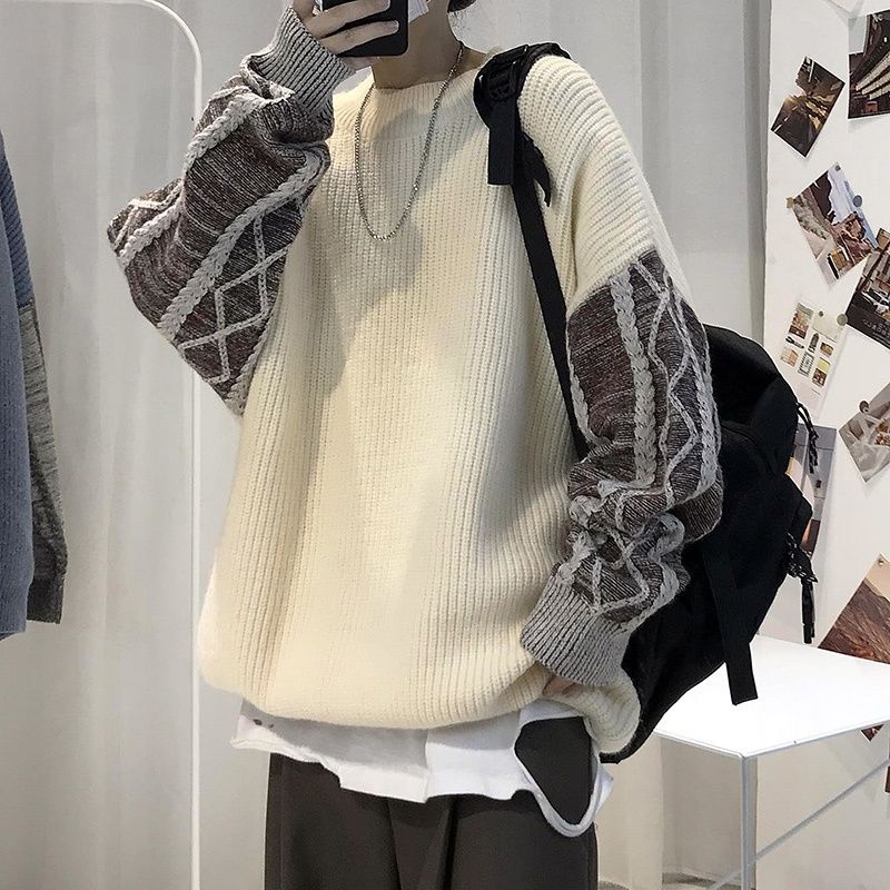 Áo Sweater Cổ Tròn Dáng Rộng Phối Màu Tương Phản Thời Trang Mùa Đông Hàn Quốc Cho Nam