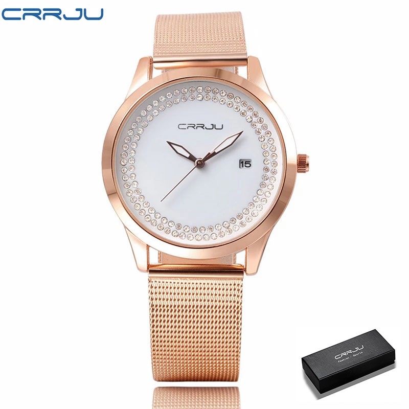 Đồng hồ đeo tay CRRJU 2102 máy thạch anh thiết kế đơn giản thời trang cao cấp sang trọng với dây thép không gỉ cho nữ