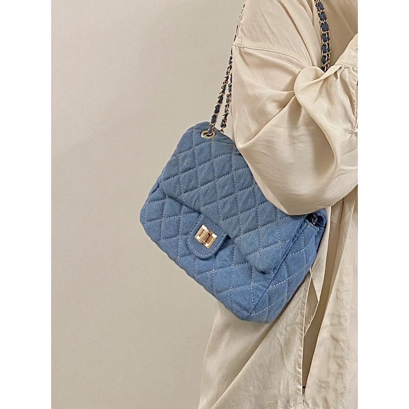 Túi Đeo Chéo Vải denim Họa Tiết Hình Thoi Phong Cách Cổ Điển Dành Cho Nữ