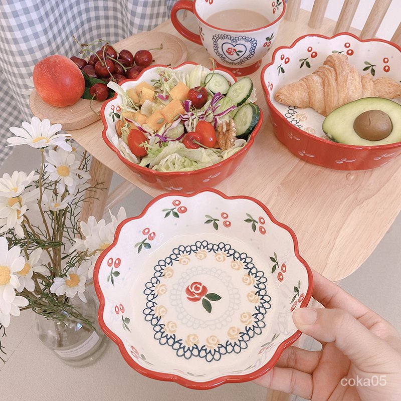 Stunner Girls*Vintage Pastoral Style Ceramic Bowl Salad Bowl Lace Japanese Ceramic Plate Red Cherry Coffee Cup