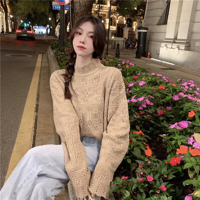 Áo dệt kim cổ cao tay dài dáng rộng thiết kế mới cho nữ