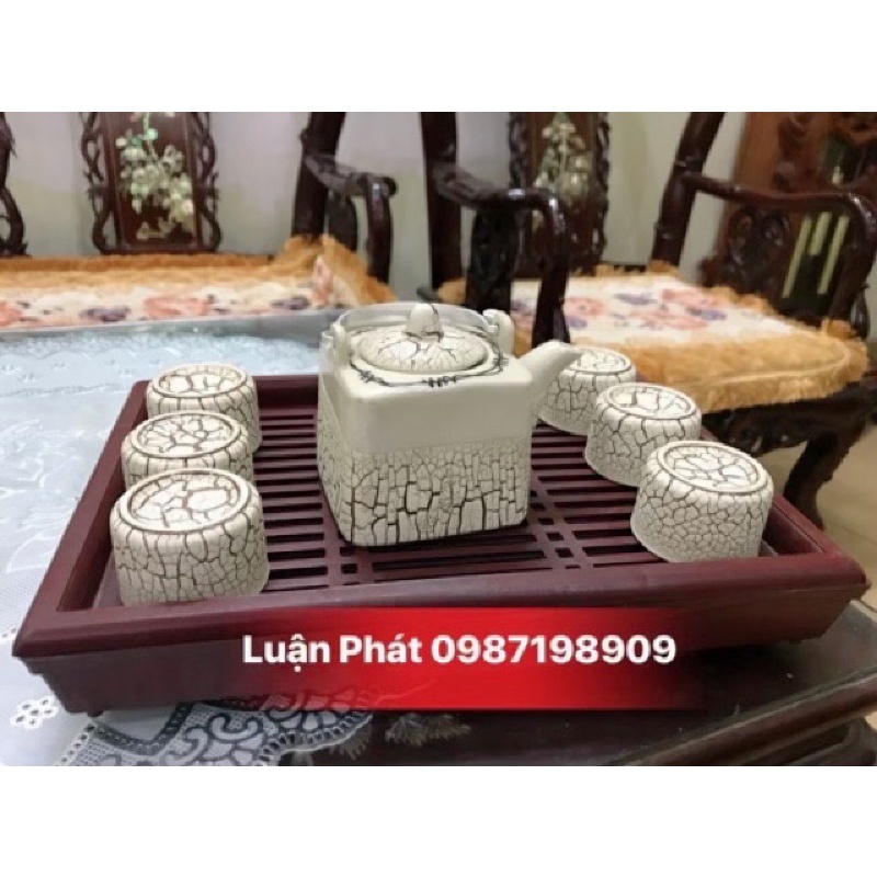 Bộ ấm chén men rạn kèm khay gốm sứ Bát Tràng , nhận in logo trên ấm chén
