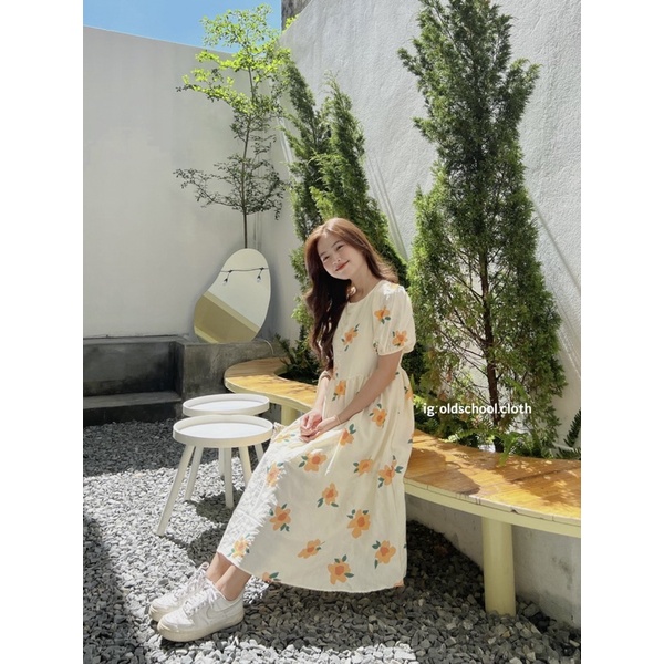 [Ảnh thật] Đầm babydoll hoa cam to tay phồng