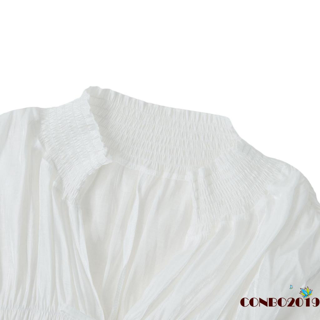 Hgm-áo Cardigan Tay Phồng Dài Phồng Màu Trơn Có Nếp Gấp Cho Nữ (Trắng)
