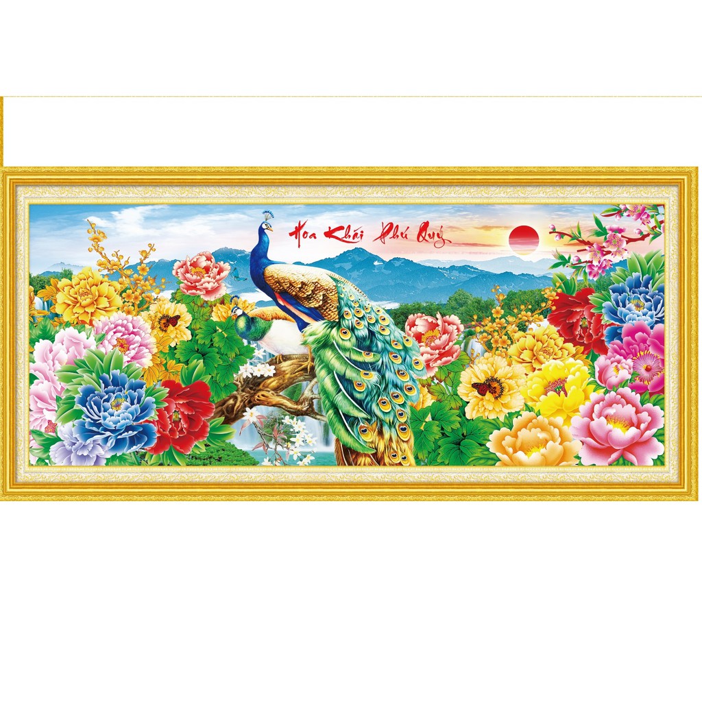 Tranh thêu chữ thập 3D HOA KHAI PHÚ QUÝ. Kích thước : 137x61cm