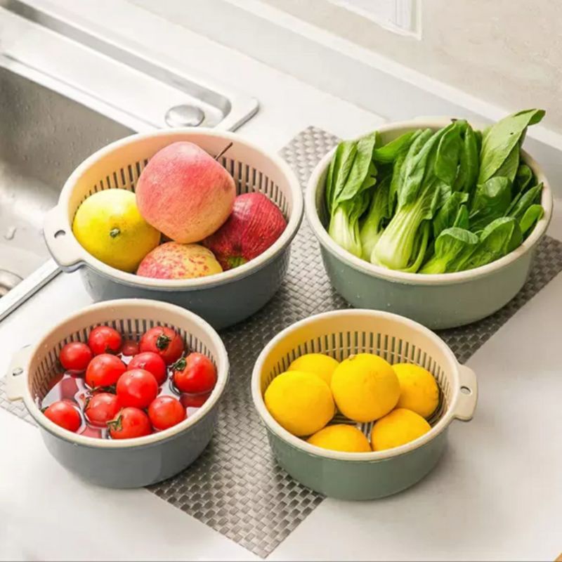 [Rổ thoát nước hai lớp dày cực lớn] Rổ rửa rau nhà bếp, giỏ đựng trái cây, giỏ đựng nước hai lớp tròn