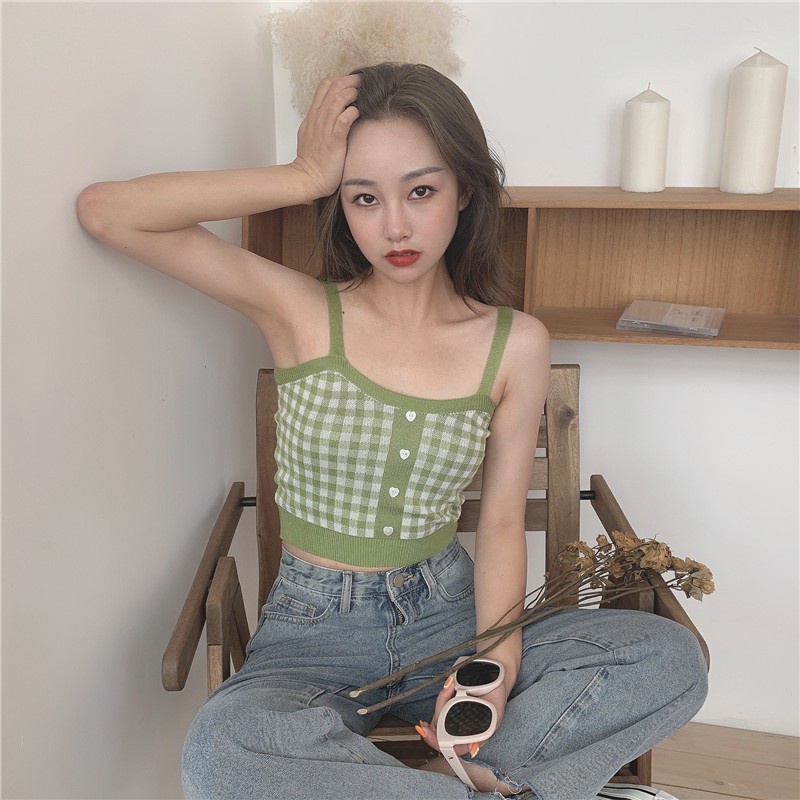 Áo hai dây cài nút thiết kế phong cách retro xinh xắn