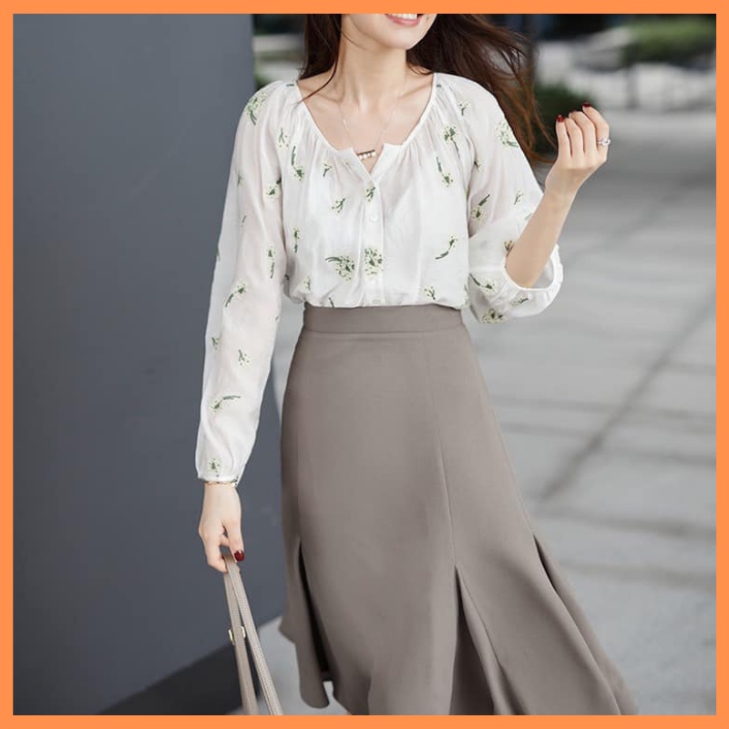 Áo babydool thêu hoa nỗi - áo baby doll nữ cổ v tay bồng chất đũi hoa nỗi cực xinh THỜI TRANG 1989