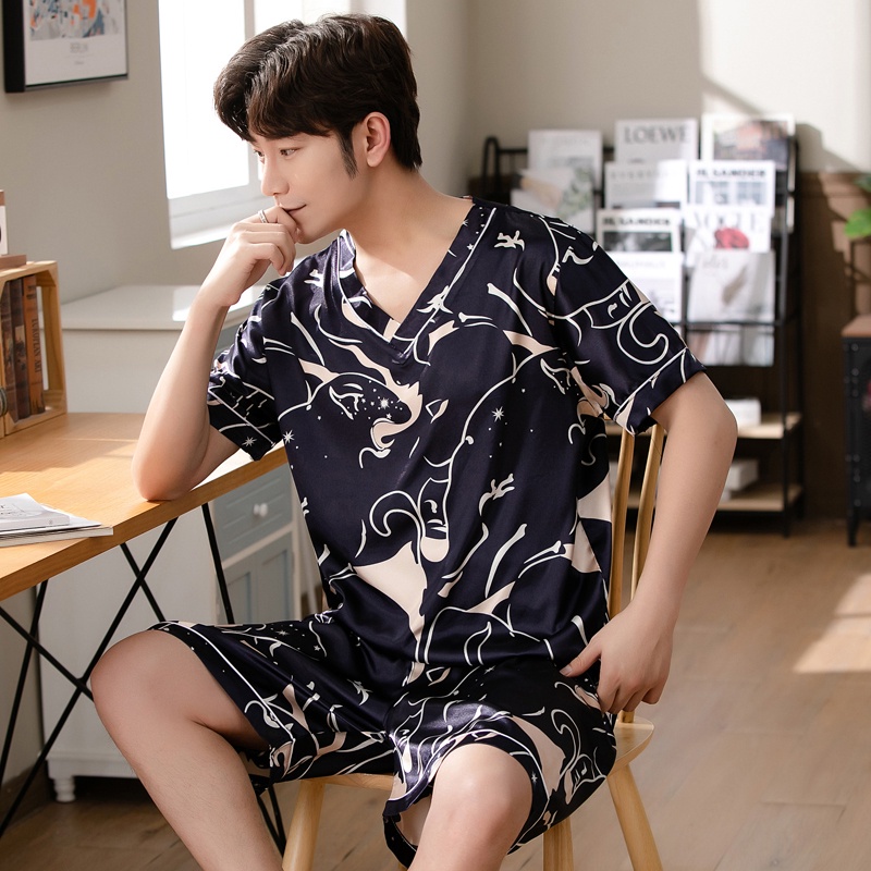 Bộ đồ ngủ tay ngắn bằng lụa satin phong cách Hàn Quốc cỡ L-3XL cho nam