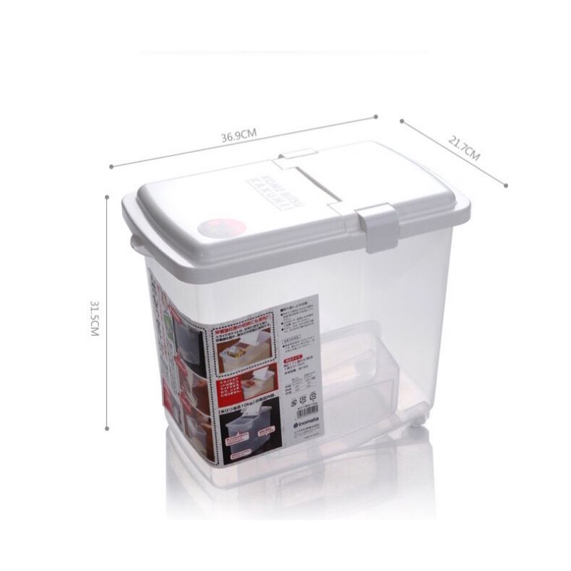 Thùng đựng gạo Inomata Nhật Bản 10kg có nắp bật, ca đong, bánh xe tiện lợi