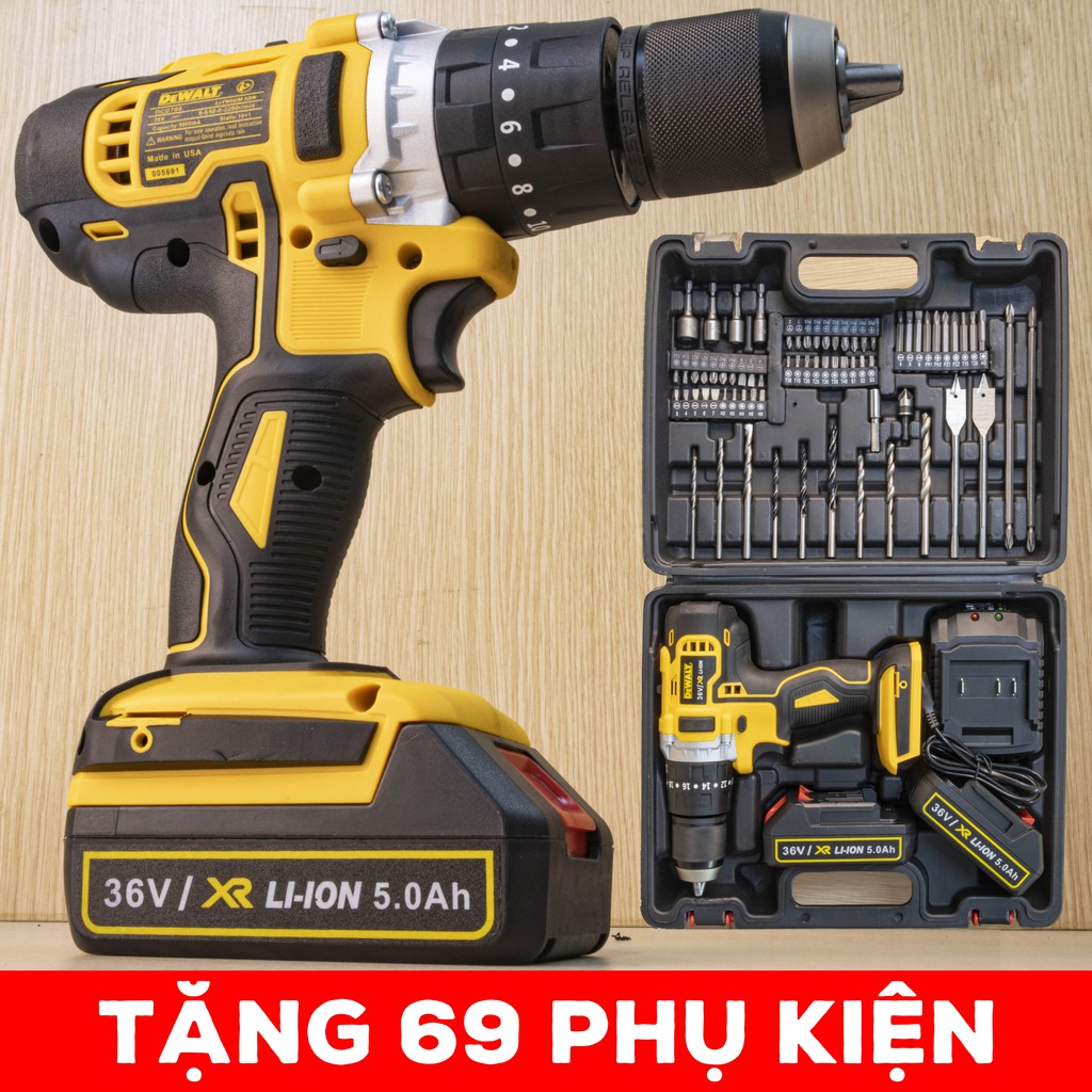 CÓ KHOAN BÚA TẶNG PHỤ KIỆN - Khoan DEWALT 36V 3 chức năng - đầu cặp autolock kim loại - máy bắt vít - pin 5 cell