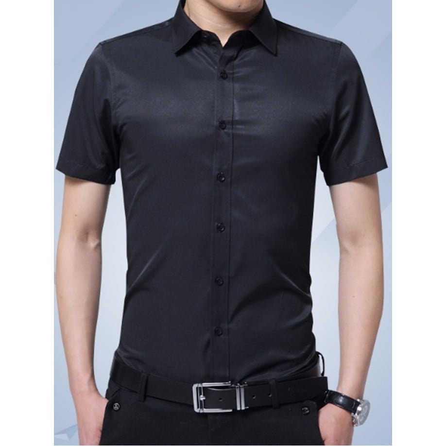 Áo sơ mi nam ngắn tay màu xanh biển vải không nhăn