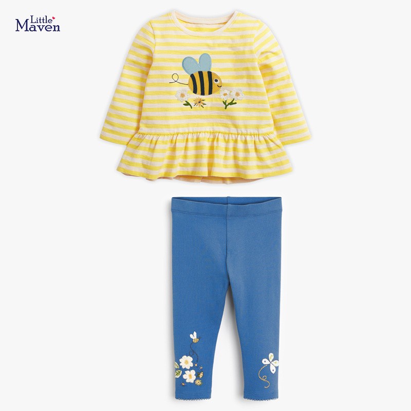Bộ cotton Little Maven áo vàng ong quần xanh cho bé gái 2-7 tuổi | Jumping Beans Official Store