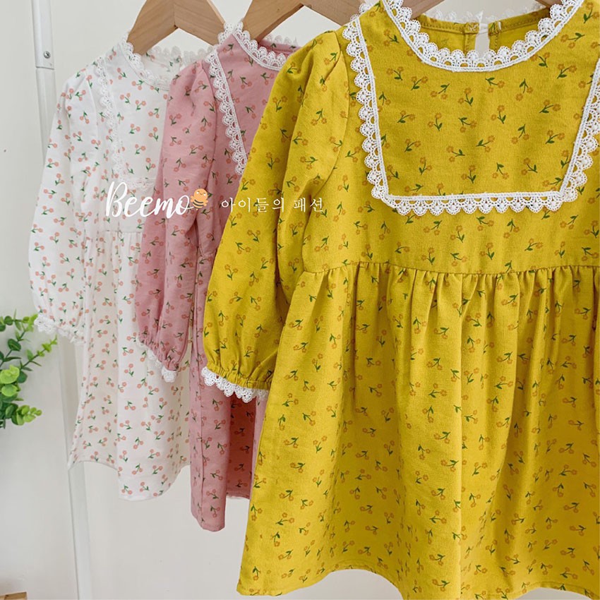 Váy đầm cho bé gái kiểu Baby doll Hàn Quốc vải nhung tăm hoa nhí dễ thương