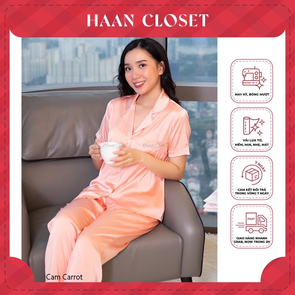 Đồ Bộ Pyjama Nữ Lụa Tơ Pháp Cao cấp Màu Trơn (Cam Carrot). Đồ Bộ Mặc Nhà Ngủ Pyjama Nữ Lụa Nhẹ Nhàng Haan Closet