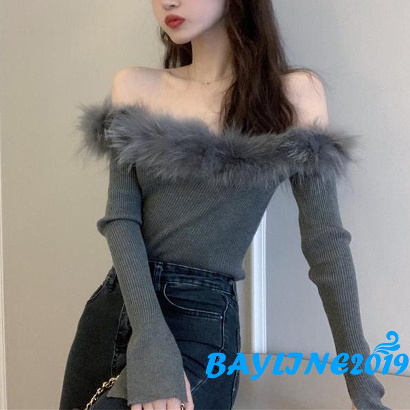 Áo dệt kim tay dài cổ thuyền màu trơn phối lông thời trang cho nữ