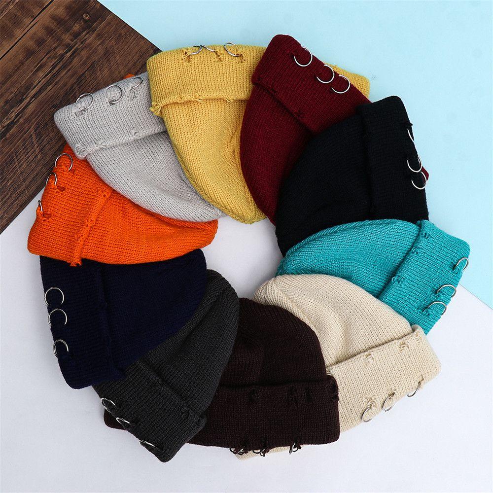 YOLA Yola Mũ Beanie Phối Vòng Kim Loại Hình Đầu Lâu Phong Cách Harajuku Phổ Biến Ấm Áp
